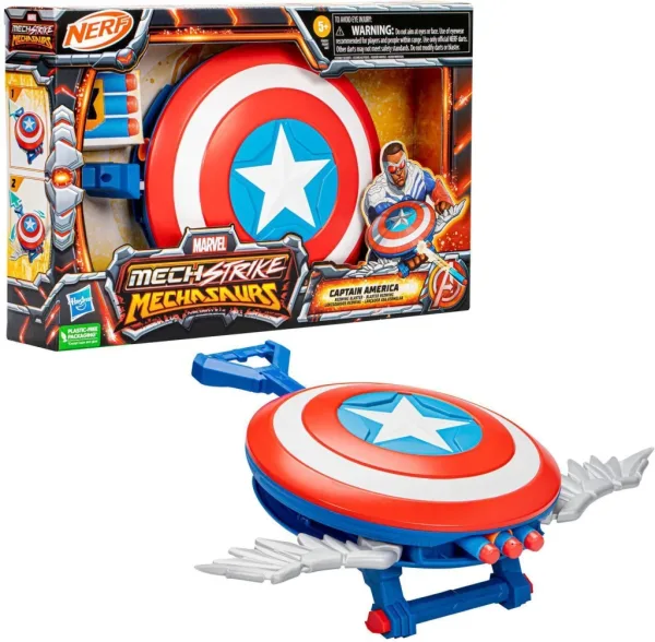 Lanzador hasbro nerf marvel mech strike mechasaurs capitán américa con redwing