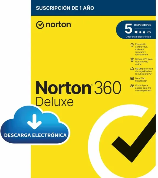 Antivirus norton 360 deluxe 50gb español 1 usuario 5 dispositivos 1 año esd electronica  drmkey gum