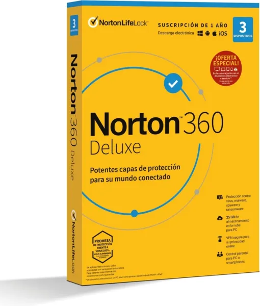 Antivirus norton deluxe 25gb español 1 usuario 3 dispositivos 1 año en caja rsp mm gum
