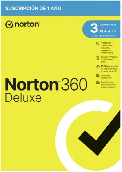 Antivirus norton deluxe 25gb español 1 usuario 3 dispositivos 1 año esd electronica