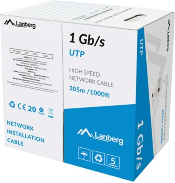 Bobina Cable Red Lanberg Utp Rj45 1GB/S Solido Cca Awg23 305M  Gris