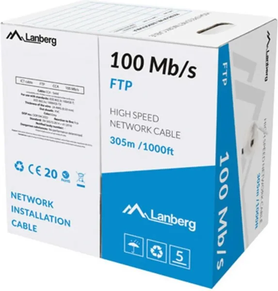 Bobina Cable Red Lanberg Ftp Rj45 100 MB/S Solido Cca Awg24 305M  Gris