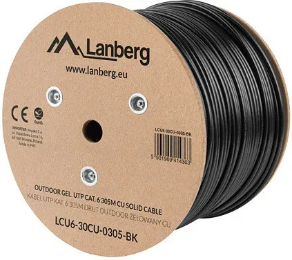 Bobina para exterior lanberg cat.6  utp rj45 cobre gel - filled fluke awg23 305m negro