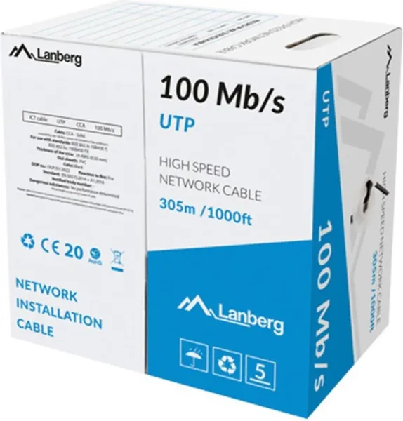 Bobina Cable Red Lanberg Utp Rj45 100 MB/S Solido Cca Awg24 305M  Negro