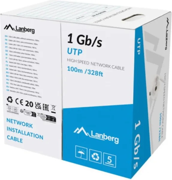Bobina Cable Red Lanberg Utp Rj45 1GB/S Solido Cca Awg23 100M Gris