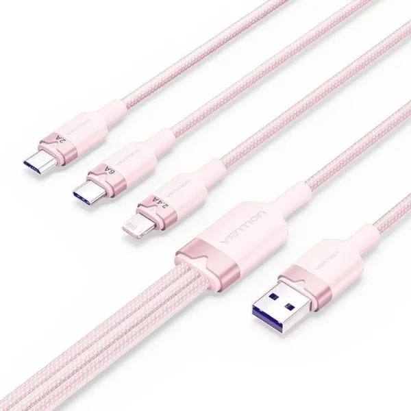 Cable USB 2.0 a USB-C + Microusb/M + Lightning Trenzado 1.5 M Rosa Vention