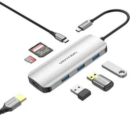 Docking USB Tipo-C Vention TOJHB/ 1xHDMI 4K/ 3xUSB/ 1xUSB Tipo-C/ 1xLector Tarjetas/ Gris