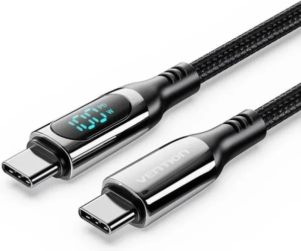 Cable USB 2.0 Tipo-C 5A 100W Vention TAYBAV/ USB Tipo-C Macho - USB Tipo-C Macho/ Hasta 100W/ 480Mbps/ 1.2m/ con Pantalla LED/ Negro