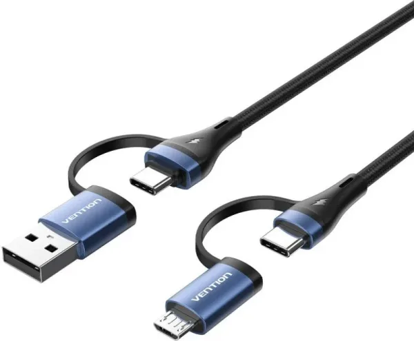 Cable USB 2.0 Tipo-C Vention CTLLF/ USB Tipo-C Macho - USB Macho/ MicroUSB Macho - USB Tipo-C Macho/ Hasta 100W/ 480Mbps/ 1m/ Negro y Azul