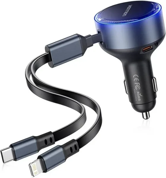 Cargador Coche USB-C/M USB-C/H Lightning/M 30W Negro Vention