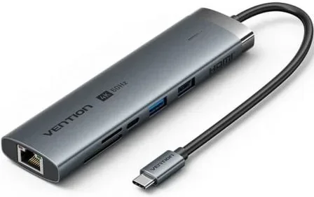 Hub USB Tipo-C 3.2 Vention TGVHB/ 2xUSB/ 1xUSB Tipo-C PD/ 1xUSB Tipo-C/ 1xRJ45/ 1xLector de Tarjetas/ 1xJack 3.5mm/ 1xHDMI/ Gris