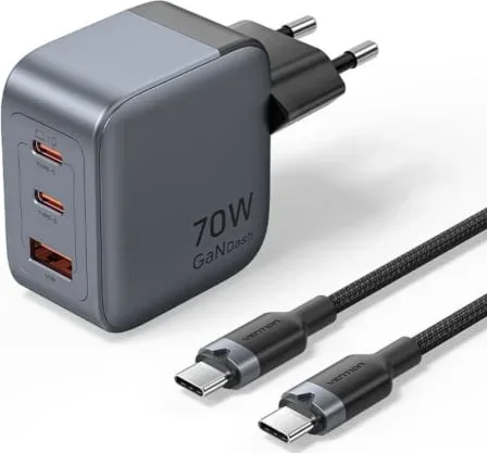Cargador de Pared GaN Vention TZ-FEXH0-EU/ 2xUSB Tipo-C/ 1xUSB + Cable USB Tipo-C/ 70W