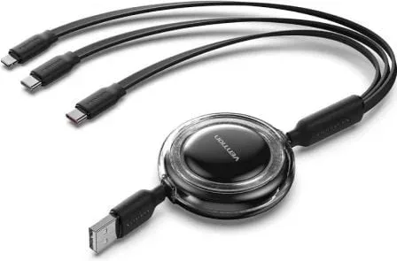 Cable USB Retráctil Vention TRJBBE/ USB Macho - Lightning/ 2xUSB Tipo-C/ Hasta 17.5W/ 10Gbps/ 1.1m/ Negro