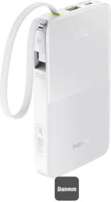 Os-Baseus Enerfill Fp11 Power Bank 10000Mah 15W Moon White (Includes Simple Type-C To Type-C Cable 20V/3A 30Cm White)