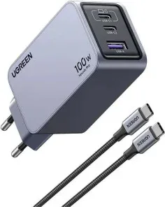 Ugreen Nexode Pro EU 3-Port GaN PD Fast Charger With USB-C Cable Universal Negro, Gris Corriente alterna Carga rápida Interior