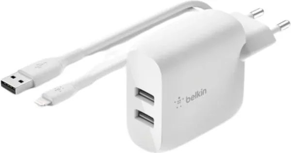 Cargador belkin wcd001vf1mwh 24w 2x USB tpo a + cable lightning a USB tipo a 1m