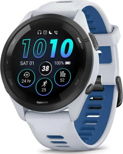Garmin forerunner 265 46mm bisel negro con carcasa en blanco y correa de silicona en blanco - azul