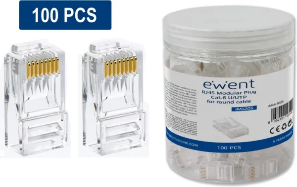 Conector rj45 ewent im1205 cat.6 u - utp para cable redondo 100 unidades