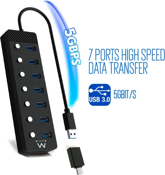 EWENT Hub USB-USB-C 7 ptos interruptor c/alimen.