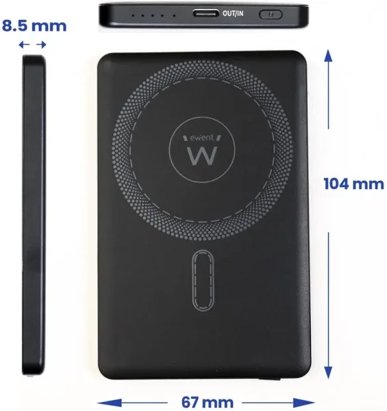 Ewent Powerbank Ultraslim Magsafe® 5000Mah  Pd 20W, 1X USB-C (In/Out), 1X USB-A Port, 104X67X8’55Mm, 112Gr, Black