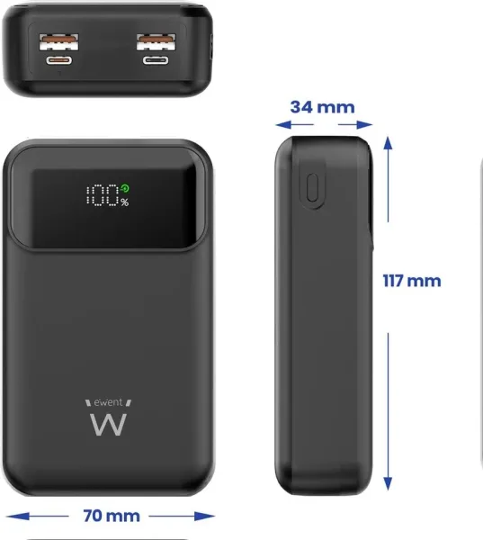 Ewent Power Bank de 65W y 20,000 mAh – Batería Externa de Carga Rápida con Entrada y Salida USB-C