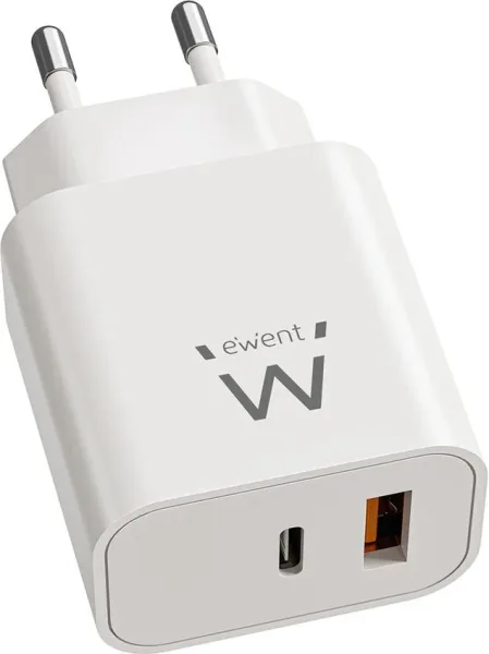 Ewent Cargador Rápido GaN de 20W USB-C PD y USB-A QC, Diseño Compacto