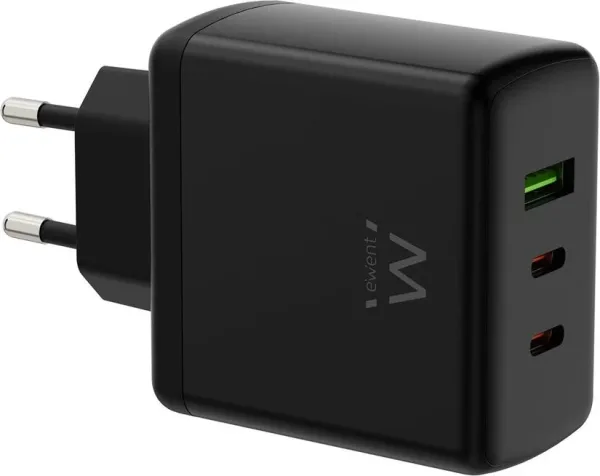 (Abm) Ewent Cargador Gan Fast de 65W, 3 Puertos (2 USB-C Pd y 1Usb-A Qc) Diseño Compacto