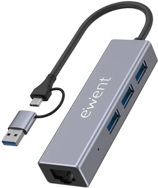Ewent Hub 3 Puertos USB-A 3.1 + 1 Puerto Gigabit, Compatible USB-C