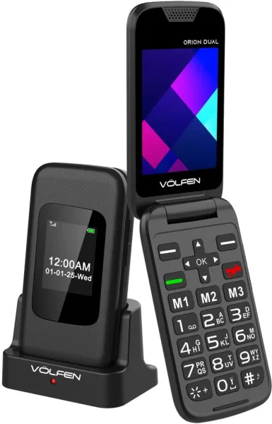 Telefono movil volfen orion dual max tipo concha negro base de carga