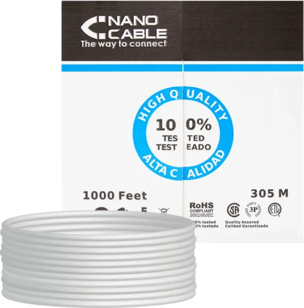 Bobina cable red utp cat5e rj45 nanocable 305m rigido -  awg24 -  gris