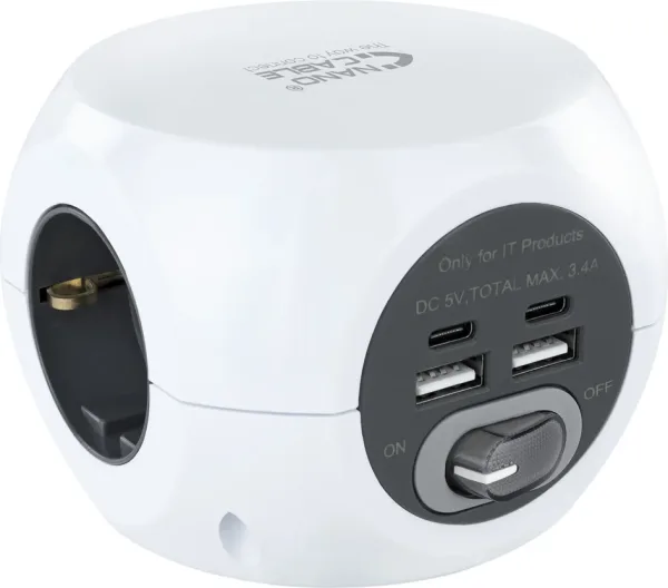 Regleta Nanocable 10.37.0001/ 3 Tomas de corriente/ 2 USB - 2 USB Tipo-C/ Cable 1.4m/ Blanca