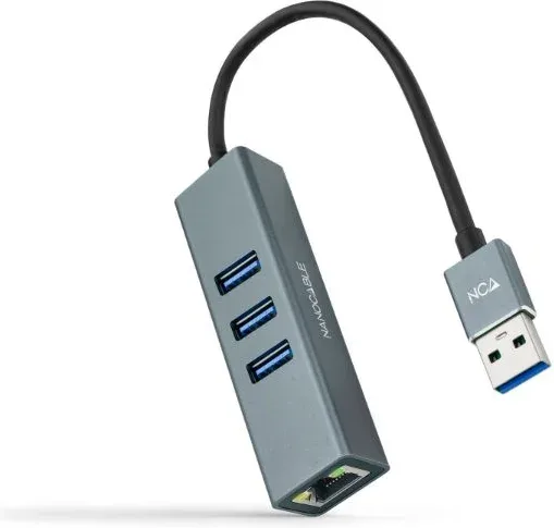 Nanocable Conversor USB 3.0 a Ethernet Gigabit + 3XUSB 3.0, Aluminio, Gris, 15 cm
