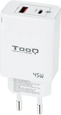 Cargador de Pared GaN TooQ TQWC-GANQCPD45WT/ 1xUSB Tipo-C/ 1xUSB/ 45W