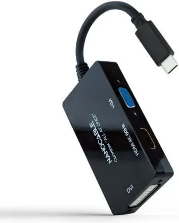 Conversor Nanocable 10.16.4301-ALL/ USB Tipo-C Macho - HDMI Hembra - DVI-I Hembra - VGA Hembra/ 20cm/ Negro