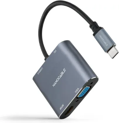 Conversor Nanocable 10.16.4304/ USB Tipo-C Macho/ HDMI 4K Hembra - VGA Hembra - USB Tipo-C PD Hembra - USB Hembra/ 15cm/ Gris