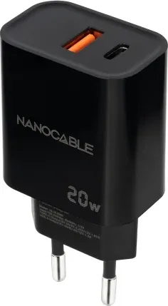 Cargador de Pared Nanocable 10.10.2008/ 1xUSB/ 1xUSB Tipo-C/ 20W/ Negro