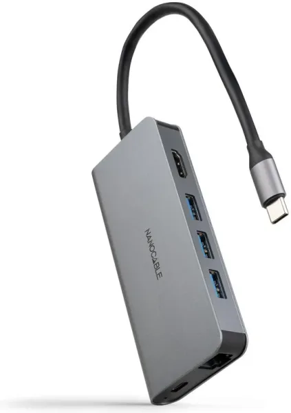 Hub nanocable USB - c 8 en 1 conversor USB - c 3.1 a 3xusb - a 3.0 + HDMI 4K@60hz + USB - c pd + rj45 1gbps + tf + SD aluminio gris 18 cm