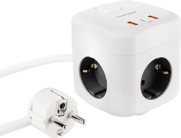 Nanocable Base de 3 enchufes con 3 USB (2 USB-A + 1 USB-C), GaN + PPS, PD 20W, con interruptor, Blanco