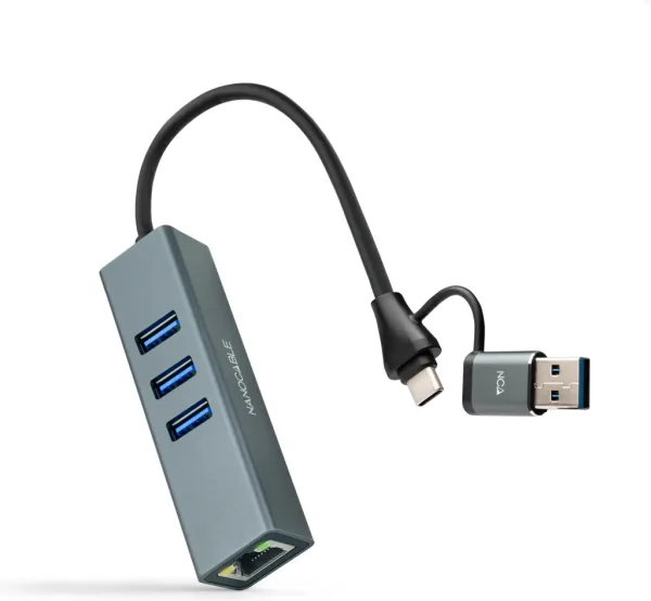 CONVERSOR USB-C+USB-A/M 3.0 A ETHERNET+ 3xUSB-A 3.0 15 CM GRIS NANOCABLE