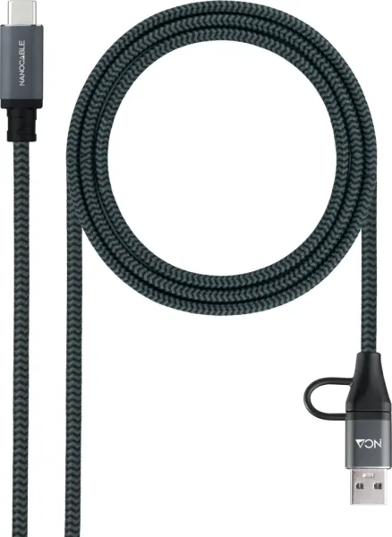 Cable USB 3.2 Tipo-C Nanocable 10.01.4113-COMB/ USB Tipo-C Macho + USB Macho - USB Tipo-C Macho/ Hasta 100W/ 20Gbps/ 3m/ Gris y Negro