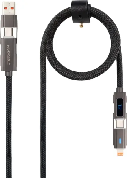 Cable USB 2.0 Tipo-C Nanocable 10.01.2501/ USB Tipo-C Macho + USB Macho - USB Tipo-C Macho + Lightning Macho/ Hasta 27W/ 480Mbps/ 1m/ Negro