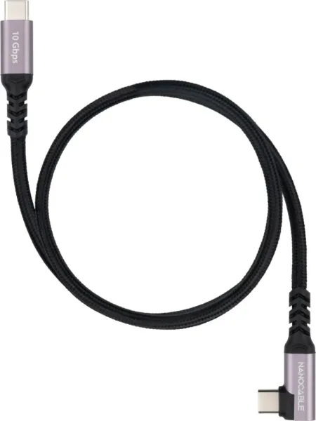 Cable USB 3.2 Tipo-C Acodado Nanocable 10.01.4700/ USB Tipo-C Macho - USB Tipo-C Macho/ Hasta 100W/ 10Gbps/ 50cm/ Negro
