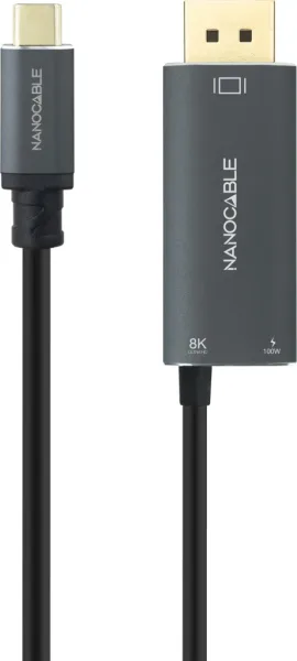 Cable Conversor Nanocable 10.15.5012/ USB Tipo-C Macho - DisplayPort 8K Macho/ USB Tipo-C Hembra/ Hasta 100W/ 1.8m/ Gris