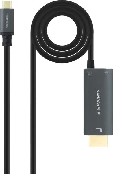 Cable Conversor Nanocable 10.15.5182/ USB Tipo-C Macho - HDMI 8K Macho/ USB Tipo-C Hembra/ Hasta 100W/ 1.8m/ Negro
