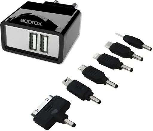 Cargador USB de Viaje/Pared Dual+ 6 Tips Negro Approx