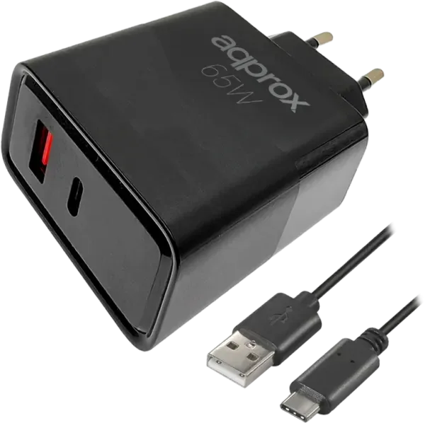 CARGADOR USB DE VIAJE/PARED 1xUSB/USB-C + CABLE USB-A A USB-C 65W NEGRO APPROX