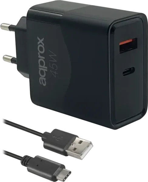 CARGADOR USB DE VIAJE/PARED 1xUSB/USB-C + CABLE USB-A A USB-C 45W NEGRO APPROX