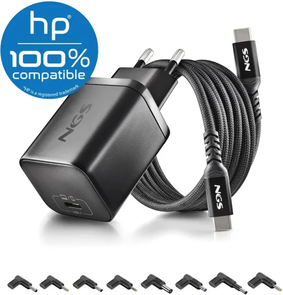 CARGADOR PARED GaN + CABLE 1.5 M USB-C + 8 CLAVIJAS HP 65W NEGRO NGS