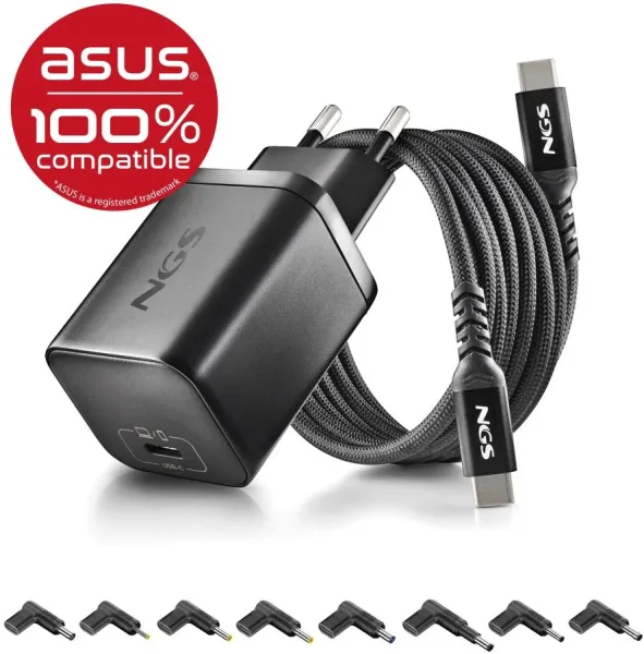 CARGADOR PARED GaN + CABLE 1.5 M USB-C + 8 CLAVIJAS ASUS 65W NEGRO NGS