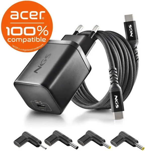 Cargador de Portátil GaN NGS BUD65W-AC para Acer/ 1xUSB Tipo-C/ 65W/ Automático/ 4 Conectores/ Voltaje 5-20V
